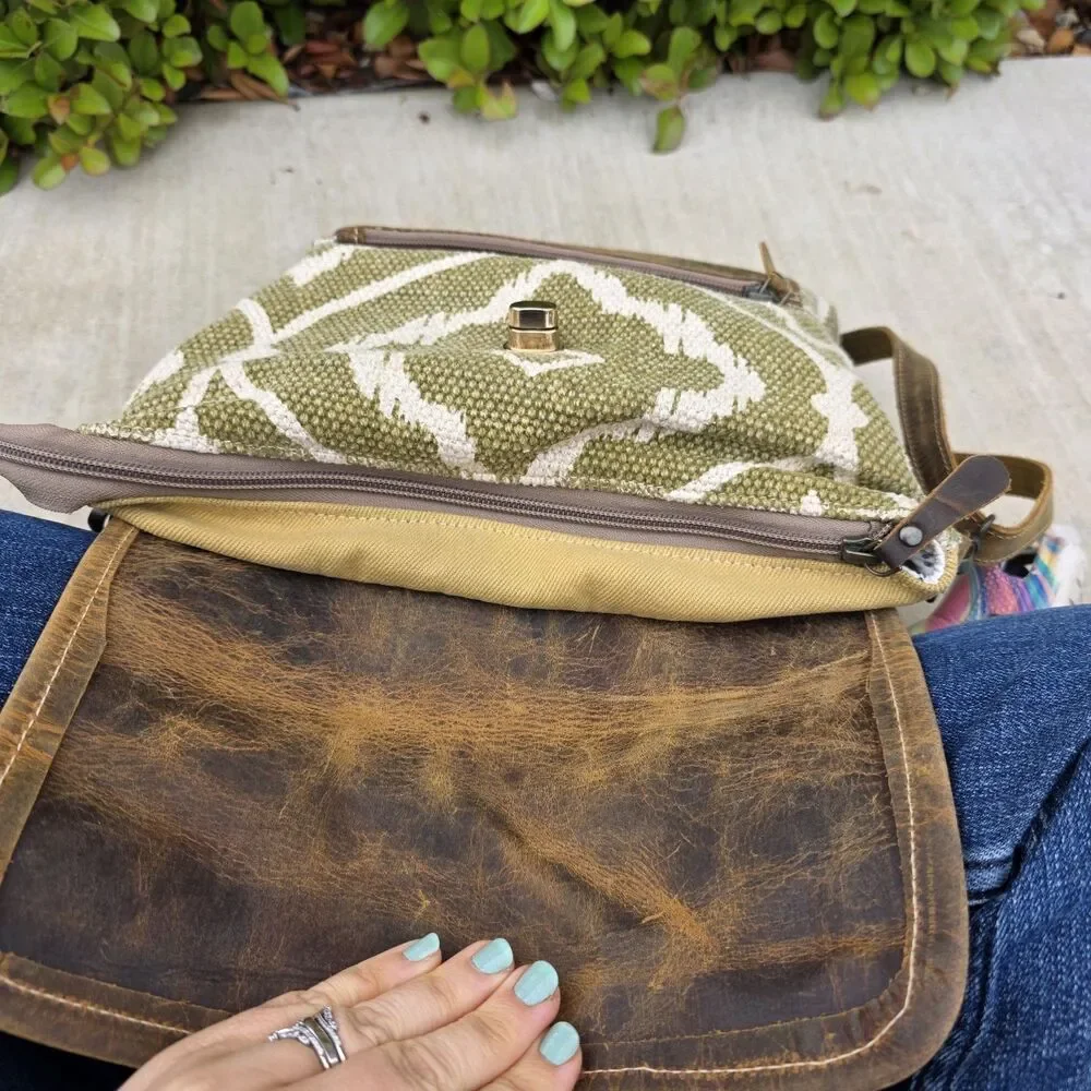 Myra Bag Brown Fantasy Canvas Leather Convertible Backpack Purse Boho Green EUC